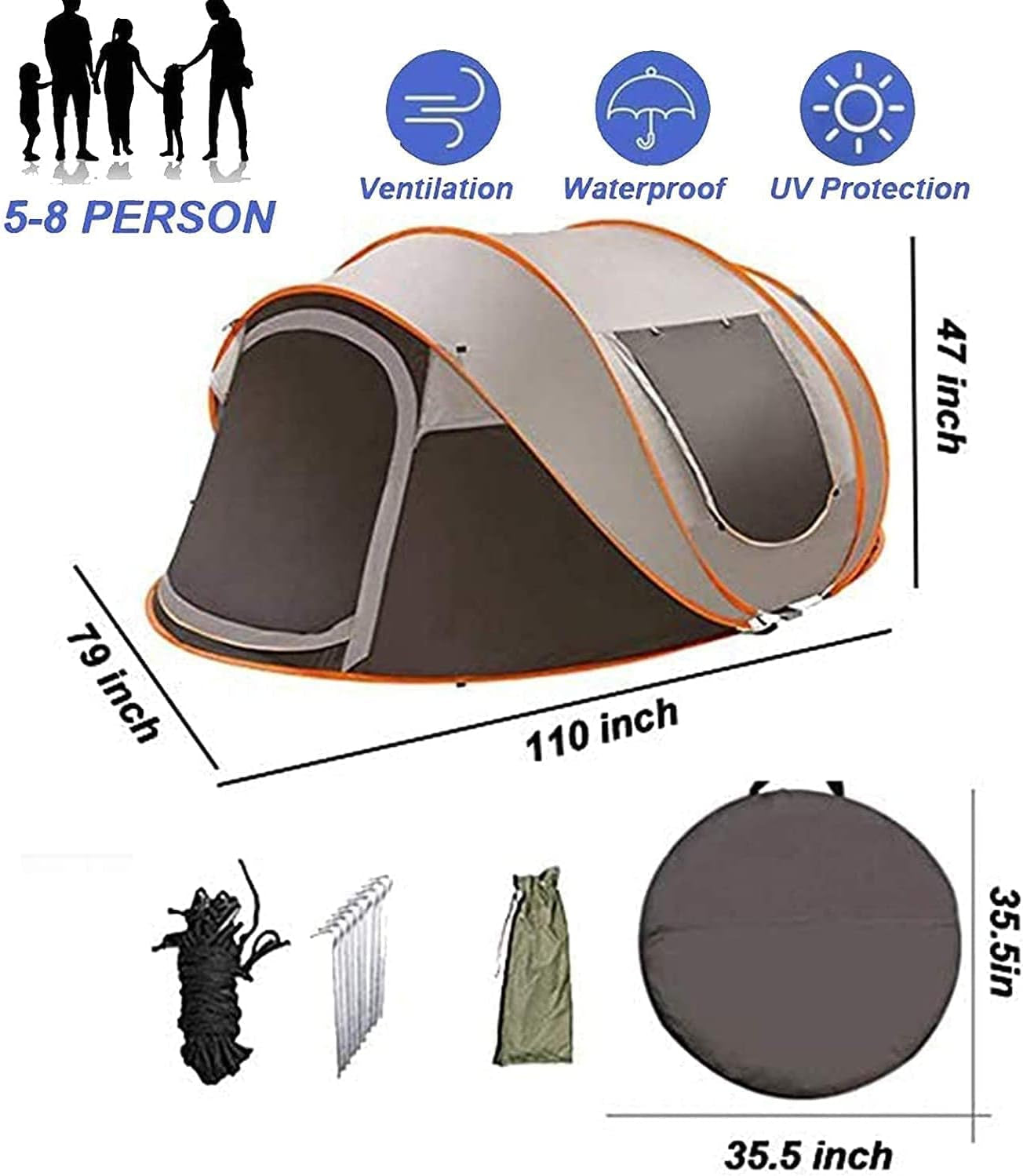 4-8 Person Easy Pop up Tent Waterproof Automatic Setup 2 Doors-Instant Family Tents for Camping Hiking & Traveling