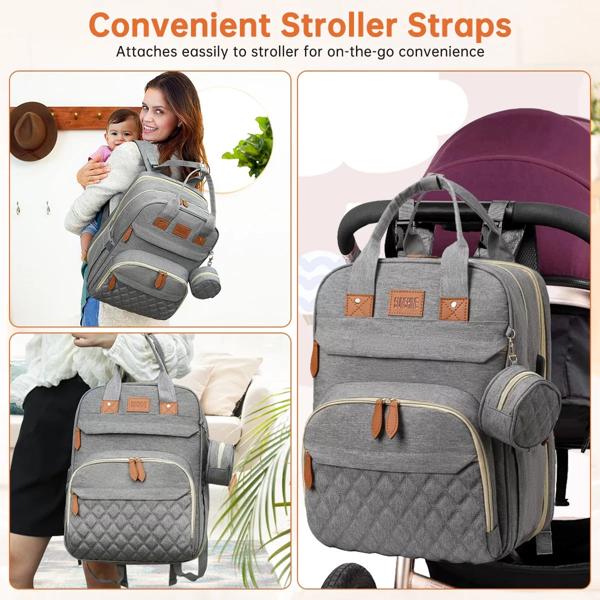 Diaper Bag Backpack, Multifunction Baby Bag with Changing Station, Large Capacity Diaper Bags W/ Foldable Crib & Insulated Pocket, Portable Waterproof Backpack, USB Charging Port&Stroller Straps(Gray)