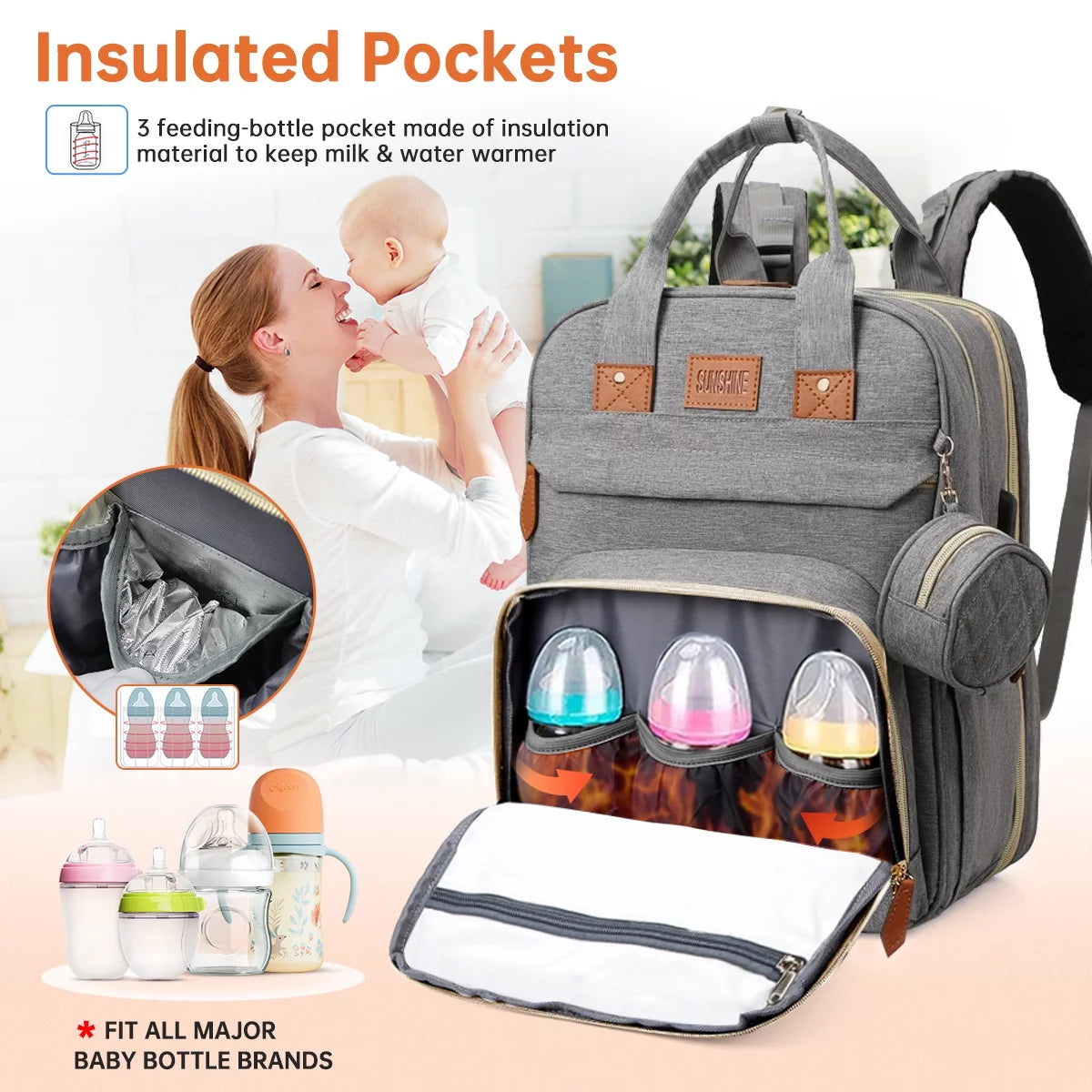 Diaper Bag Backpack, Multifunction Baby Bag with Changing Station, Large Capacity Diaper Bags W/ Foldable Crib & Insulated Pocket, Portable Waterproof Backpack, USB Charging Port&Stroller Straps(Gray)