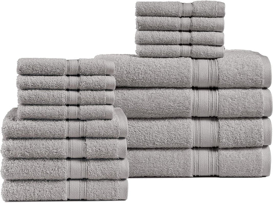 Chateau Home Luxurious 16 Piece Bath Towels Sets, (4 Bath Towels, 4 Hand Towels, 8 Wash Cloths) Low Lint, Premium Quality Towel Sets, Durable, Highly Absorbent, Extra Large Bath Towels -Granite Grey